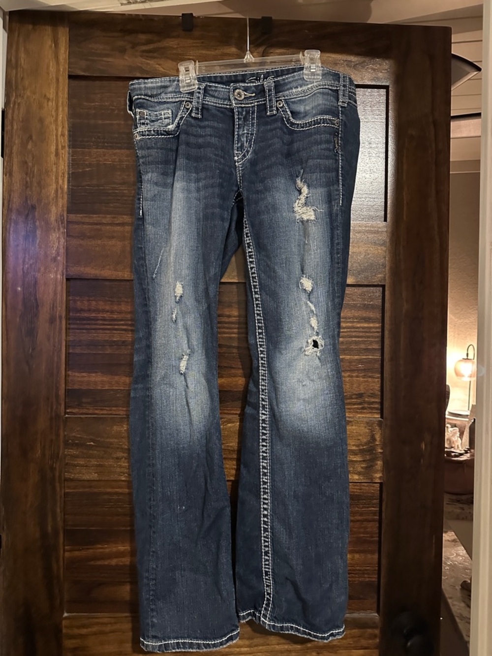 Silver Jeans Women's Distressed Dark Blue Flare Jeans